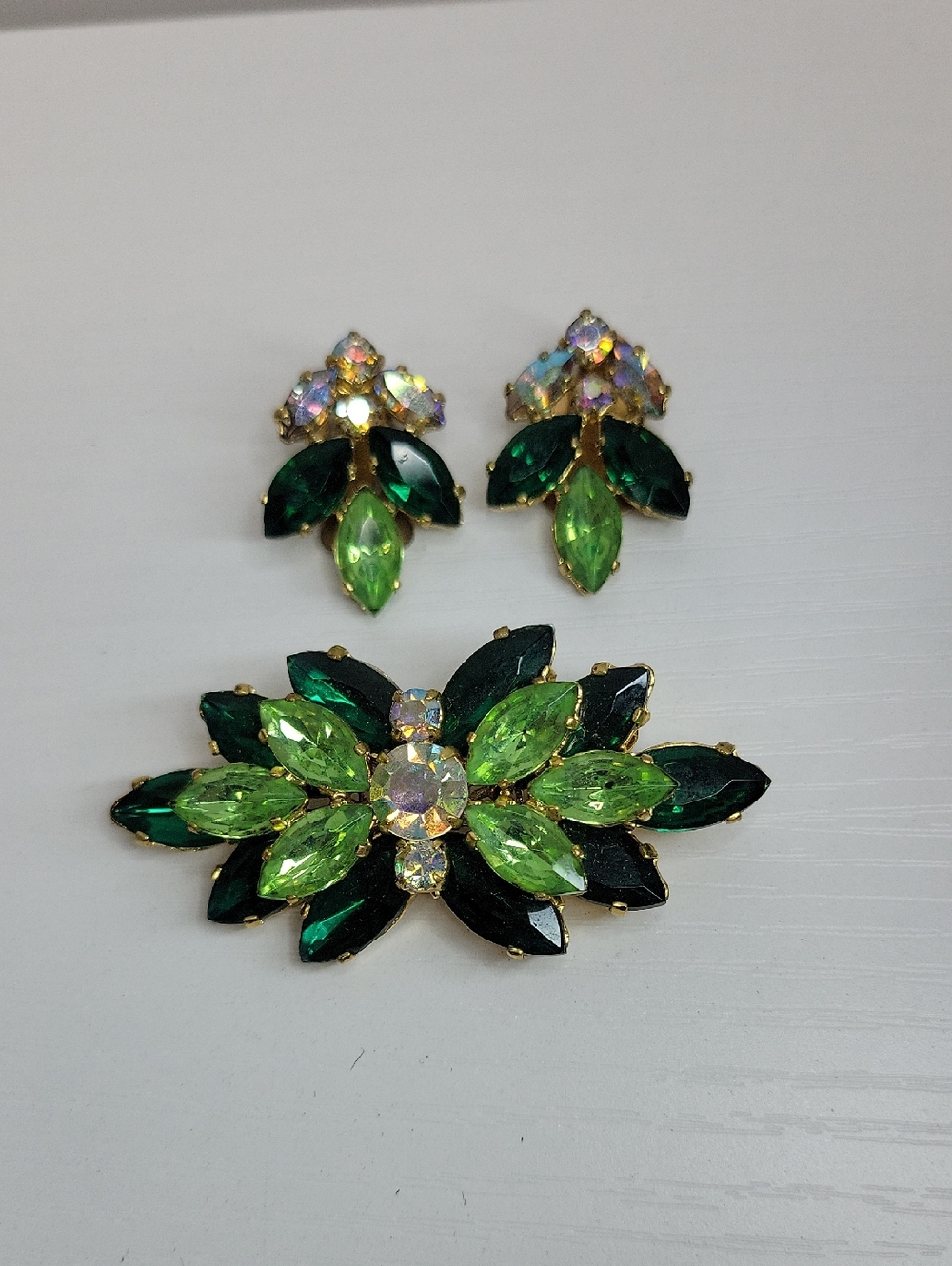 Vintage Rhinestone Brooch and Earring Set, Emerald Green & AB